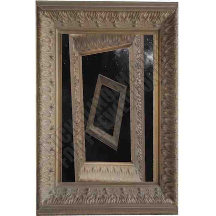 ornate wooden frame layered atop an lcd video screen. On screen, digital 3D scans of the wooden frame are sequentially jettisoned softly into the mysteries of outer space.